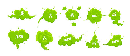 Smelling green cartoon smoke or fart clouds flat style design vector illustration set. Bad stink or toxic aroma cartoon smoke cloud isolated on white background.のイラスト素材