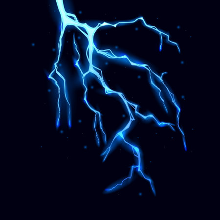 Blue lightning strike bolt silhouettes vector illustration. Black thunderbolts and zippers are natural phenomena isolated on a dark background. Thunderstorm electric effect of light and shining flash.のイラスト素材