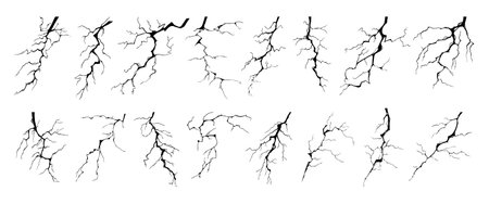Lightning strike bolt silhouettes vector illustration set. Black thunderbolts and zippers are natural phenomena isolated on a white background. Thunderstorm electric effect of light and shining flash.のイラスト素材