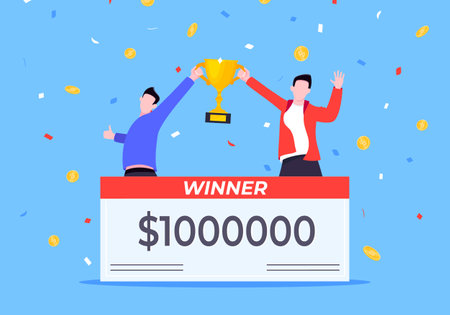 Happy lottery winners with big prize paycheck. Fortune lottery or casino gambling lucky games concept flat style design vector illustration. People jumps in the air with trophy cup.のイラスト素材