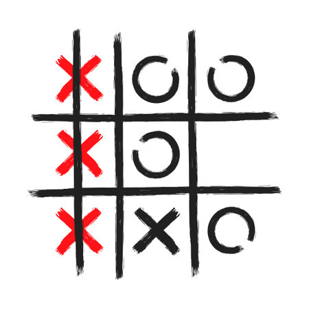 Tic tac toe xo game hand drawn grid doodle template vector illustration isolated on white background. Dirty grunge line tic tac toe game symbols.のイラスト素材
