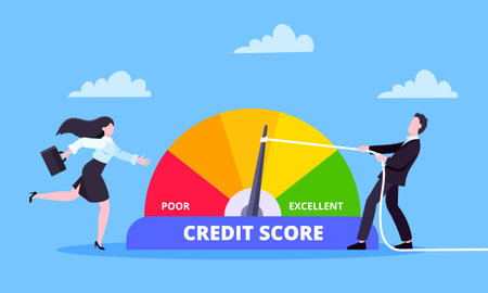 Man pushes credit score arrow gauge speedometer indicator with color levels. Measurement from poor to excellent rating for credit or mortgage loans concept flat style design vector illustration.のイラスト素材