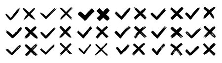 Grunge hand drawn brush strokes cross X and tick OK check marks V vector illustration set isolated on white background. Check mark symbol NO and YES buttons for vote in the box, web, etc.のイラスト素材