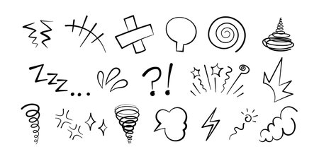 Manga or anime comic emoticon element graphic effects hand drawn doodle vector illustration set isolated on white background. Cartoon style manga doodle line expression scribble anime mark collection.のイラスト素材