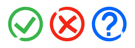 Dirty grunge cross x, tick OK and question check marks in check boxes, hand drawn with brush strokes vector illustration isolated on white background. Question mark, symbol NO, YES web button for voteのイラスト素材