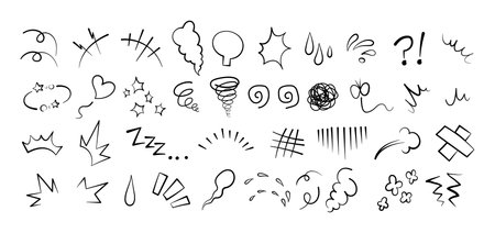 Anime comic emoticon element graphic effects hand drawn doodle vector illustration set isolated on white background. Cartoon style manga doodle line expression scribble anime mark collection.のイラスト素材