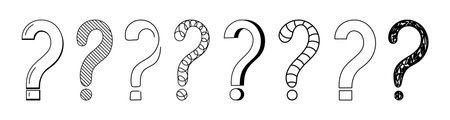 Doodle question mark hand drawn sketch vector illustration set isolated on white background. Collection of various question marks asking or doubt punctuation black and white freehand scribble symbols.のイラスト素材