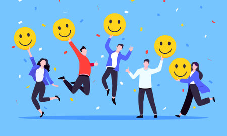 Employee satisfaction attitude survey feedback business concept flat style vector illustration. Business people with various feedback emoticons. Working happiness wellbeing and satisfaction feedbackのイラスト素材