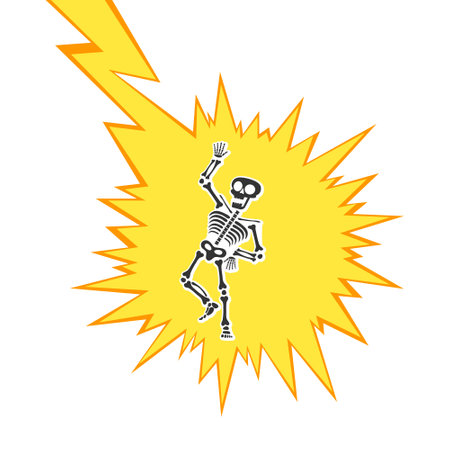 Skeleton electric shock by high voltage or lighting electrocuted caution silhouette flat style design vector illustration. A funny human skeleton had an electric shock or lightning strike.のイラスト素材