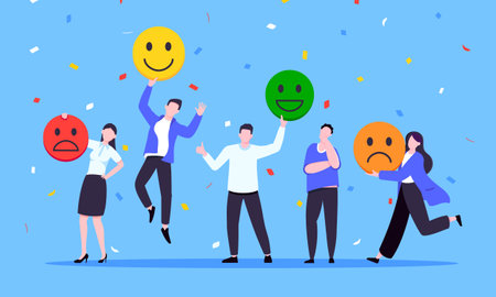 Employee satisfaction attitude survey feedback business concept flat style vector illustration. Business people with various feedback emoticons. Working happiness wellbeing and satisfaction feedbackのイラスト素材