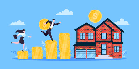 Mortgage refinance to buy a house flat style design business concept. Real estate property or mortgage loan investment. Business people climb money coin stack and home building vector illustration.のイラスト素材