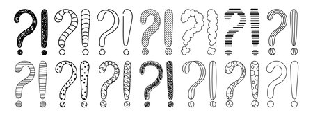 Doodle question and exclamation marks hand drawn sketch vector illustration set. Collection of various exclamation and question attention, asking, doubt and warning punctuation freehand scribbles.のイラスト素材