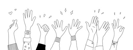 Doodle sketch hands up gestures comic icons silhouettes vector set. Group of line art fun comic...