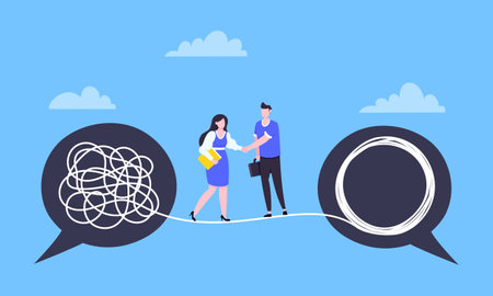 Understanding problem solution simplify challenge. Unravel business chaos process with tangle difficult problem mess business concept flat design vector illustration. Chaos to order, complex to simpleのイラスト素材