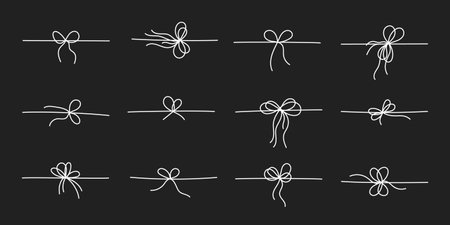 White line style gift ribbon bows set isolated on black background. Doodle line style gift box ribbon bows in a thin, simple, minimal hand drawn design for elegant festive present decoration.のイラスト素材