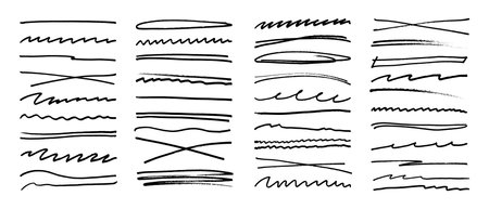 Underline stroke marker felt pen scribbles doodle line collection. Hand drawn outline sketch wave brush mark elements crosshatch rough dividers set for text highlight underline emphasis.のイラスト素材
