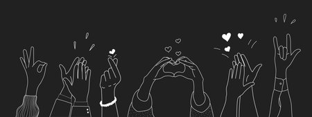 Doodle sketch hands up gestures comic icons silhouettes vector set. Group of line art fun comic hands in the air. Voting or happy congratulation audience recognition symbols.のイラスト素材