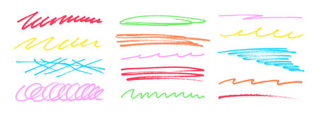 Underline stroke marker felt pen scribbles doodle line collection. Hand drawn outline sketch wave brush mark elements crosshatch rough dividers set for text highlight underline emphasis.のイラスト素材