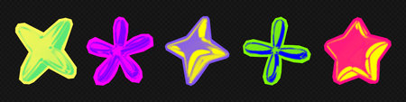 Y2k 3d punk neon colors light chrome halftone stars shape retro abstract vector illustration sticker set. Chrome silver 3d metallic halftone semitone retro effect bright neon color star collection.のイラスト素材