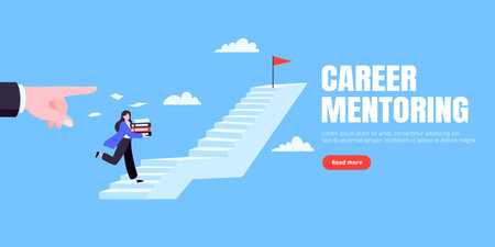 Success career ladder steps path challenge with business goal achievement flag objective on the top of it business concept flat vector illustration. Office person running onto success career steps.のイラスト素材