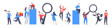 Teamwork concept with tiny people characters working together business concept elements set. Teamwork and time management concept flat style design vector illustration isolated on white background.のイラスト素材