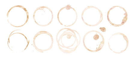 Coffee cup or tea stain drink ring vector illustration set isolated on white background. Coffee stain mark trace ring cup spot trace. Brown round splashes of drink collection.のイラスト素材