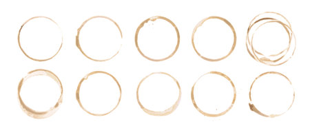 Coffee cup or tea stain drink ring vector illustration set isolated on white background. Coffee stain mark trace ring cup spot trace. Brown round splashes of drink collection.のイラスト素材