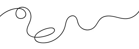 Continuous black squiggle line cable creating abstract wavy vector illustration pattern on white background. Curvy cable thread flowing horizontally with organic squiggle line loops and tangled curve.のイラスト素材