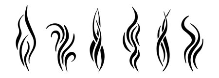 Doodle steam and smoke icon set with aroma waves vector illustration set. Hot coffee, cooking aroma, and fragrance effects are represented by linear symbols in a hand-drawn outline graphic style.のイラスト素材