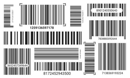 Black-lined EAN-13 barcode label set on a white backdrop. Clean vector code design for product...
