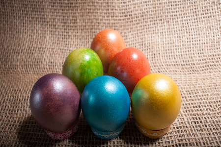 Easter eggs painted in beautiful bright colorsの写真素材