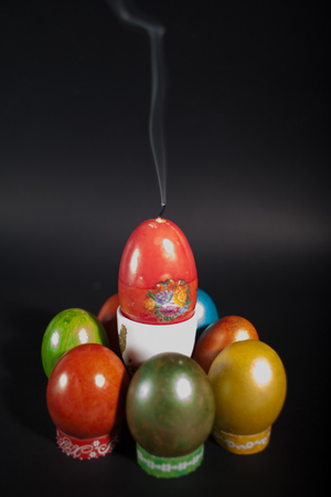 Easter eggs painted in beautiful bright colorsの写真素材
