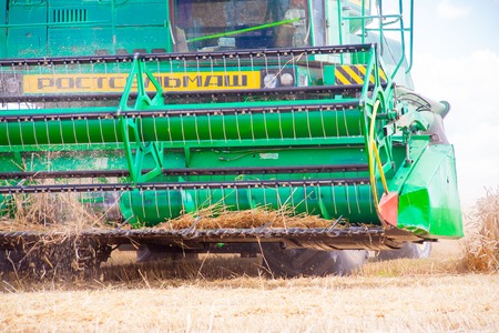 Krasnodar Territory, RUSSIA - July 08 2017 : Harvester machine to harvest wheat field working....