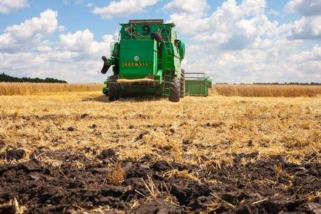 Krasnodar Territory, RUSSIA - July 08 2017 : Harvester machine to harvest wheat field working. Combine harvester agriculture machine harvesting golden ripe wheat field. Agricultureのeditorial素材