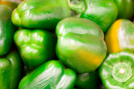 colorful bell peppers, natural background Sweet pepper on shop window for sale on the market top viewの写真素材