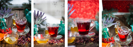 Hibiscus thea from rose carcade herbal herbal tea with rose hips and kalina diuretic and cleansing stomach rejuvenating organism set of four photosの写真素材