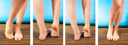 young girl steppe feet with itchy feet uses his big toe to scratch his other foot on wooden floor set of four photosの写真素材