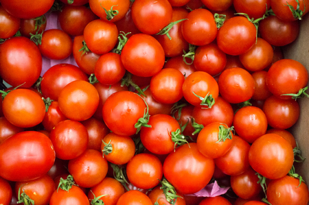 Ripe early spring bright red tomatoes background textureの写真素材