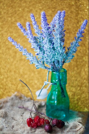 Beautiful bouquet of lavender aromatherapy treatment gift interior on a background of fresh flowers.の写真素材