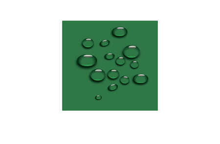 Vector set of realistic water droplets on the transparent background on the background of green cloth.のイラスト素材
