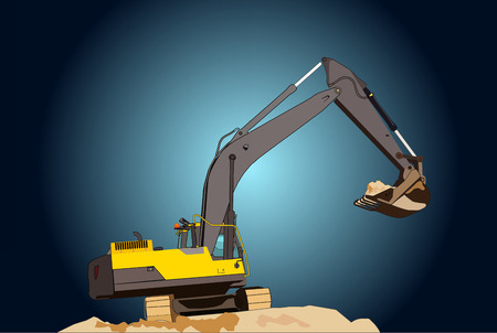 A large construction excavator of yellow color on the construction site in a quarry for quarryingのイラスト素材