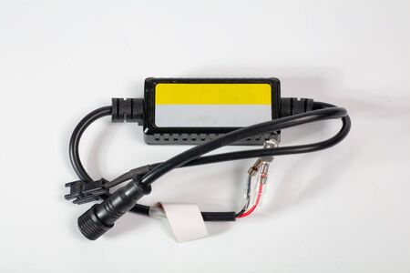 Light bulbs for car lamps. Automotive part in Silvery metallic and black color with wires and...