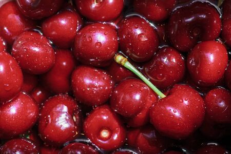 Great ripe red sweet cherry closeup background for a dining napkin and summer towel full frameの写真素材