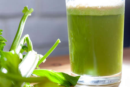 Healthy Celery diet for the treatment of incurable mysterious diseases. Fresh celery juice squeezed out on a juicer.drink, vegetable juice, studio shotの写真素材