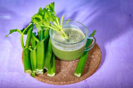 Healthy Celery diet for the treatment of incurable mysterious diseases. Fresh celery juice squeezed out on a juicer.drink, vegetable juice, studio shotの写真素材
