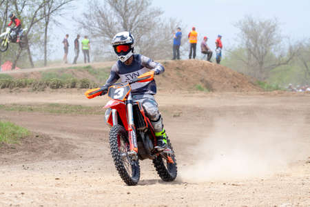 RUSSIA, Novoshakhtinsk - MAY 08, 2021: Motorcyclists ride sports cross-country motorcycles off-roadのeditorial素材