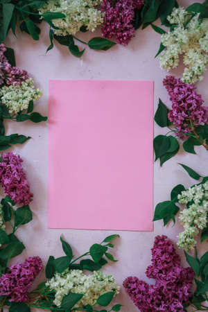 Background for greeting card greeting beloved woman wedding invitation flowers lilac on wooden surfaceの写真素材