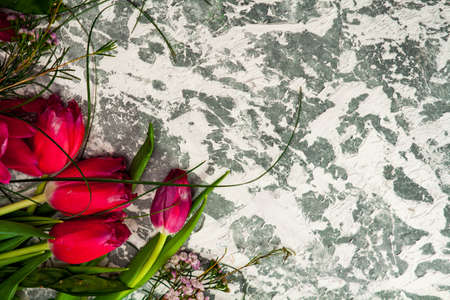 Row of red tulips on wooden background with space for message. Mother's Day background. Top viewの写真素材