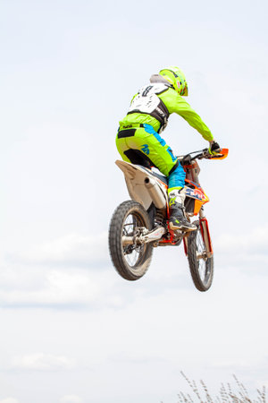 RUSSIA, Novoshakhtinsk - MAY 08, 2021: Motorcyclists ride sports cross-country motorcycles off-roadのeditorial素材
