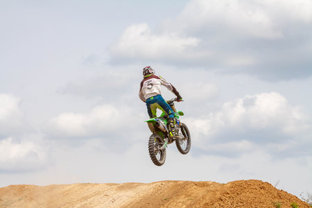 RUSSIA, Novoshakhtinsk - MAY 08, 2021: Motorcyclists ride sports cross-country motorcycles off-roadのeditorial素材